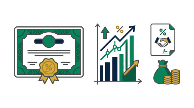 Financial growth and investment icon set featuring stock certificate growth chart contract agreement and money bag with coins. EPS Editable