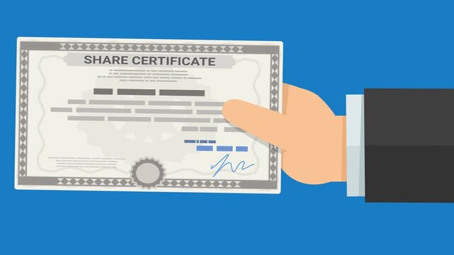 Businessman hand presenting a stock share certificate representing corporate equity, financial investment, and shareholder dividend ownership. (loopable)