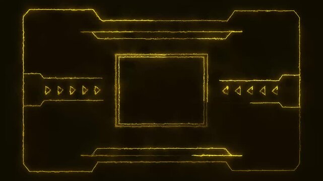 Yellow neon border frame features sharp geometric cyber shapes. Modern sci-fi user interface framing shapes the neon border frame. High tech screen telemetry uses this yellow neon border frame.