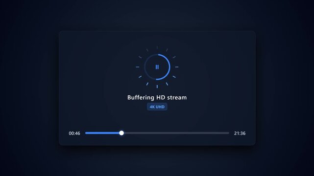 High-quality 4K buffering loader animation with glowing blue circular progress, tech UI elements, and sleek dark background. Perfect for streaming service mockups and player overlays.