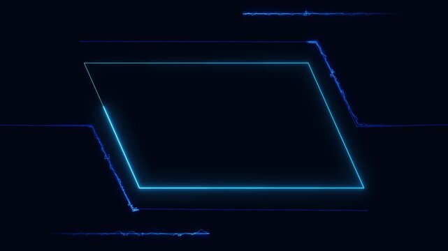 Cyan neon rhombus frame glows with electric lightning sparks. High tech sci-fi border graphics shape the neon rhombus frame. Cyberpunk user interface overlays use this neon rhombus frame.