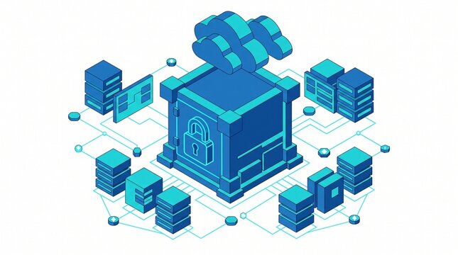 Isometric cloud storage vector illustration with secure database servers and lock vault