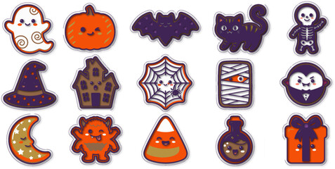 Fototapeta premium A collection of cute cartoon halloween sticker designs featuring ghosts pumpkins bats and other spooky holiday icons