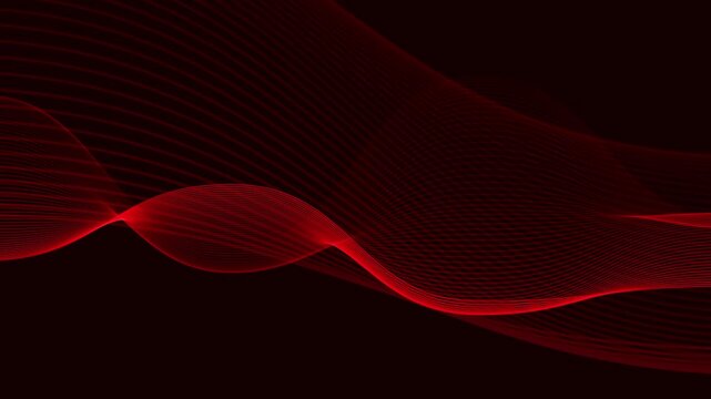 Abstract red wavy lines flow smoothly on a dark crimson backdrop. Dynamic fluid liquid ribbons move along these red wavy lines. Moody ambient visual motion animates the abstract red wavy lines.