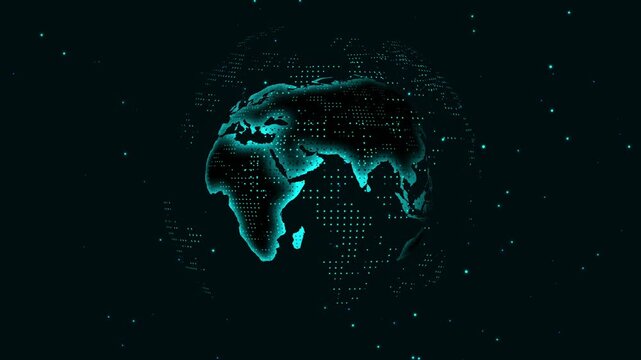 Digital globe rotates with teal dots and stars on dark space. Global cyberspace network routes across the rotating digital globe. Planetary telecommunications link this active digital globe.