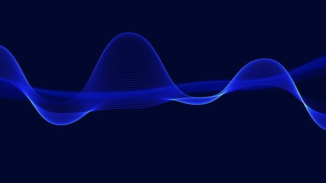 Smooth blue wavy lines glide gracefully over deep navy blue. Dynamic fluid liquid ribbons flow along these smooth wavy lines. Calming ambient motion animates the smooth blue wavy lines.