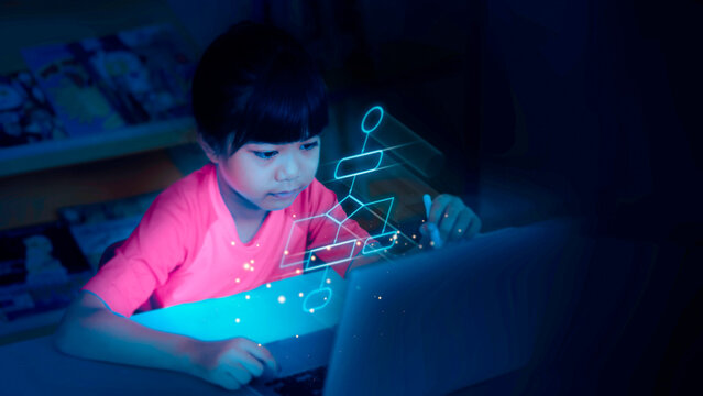 Asian schoolgirl using laptop computer at night with glowing cyan flowchart algorithm graphic overlay for kids coding, computational thinking, and software programming concept.