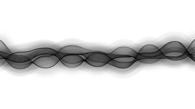 Black sound wave lines flow across white with soft drop shadows. Audio frequency equalizer telemetry guides the sound wave lines. Modern minimalist music studio art forms the sound wave lines.