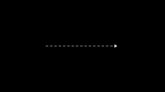 Dots arrow direction icon with dotted line animation on black background. dots arrow icon sign animated with alpha channel. Black straight arrows animation. Reveal animation of solid, dashed 4K motion