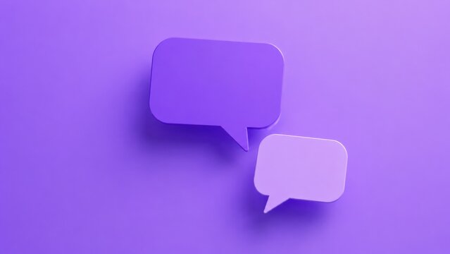 Two simple purple and light purple speech bubbles on a plain purple background, representing discussion and sharing.