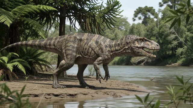 Herrerasaurus Dinosaur Panting By A River In A Prehistoric Jungle