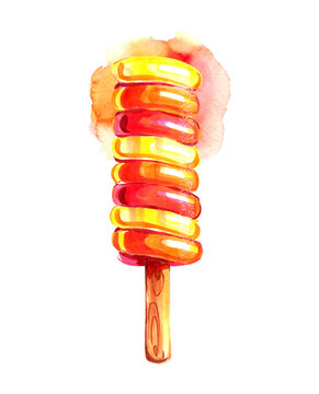 Watercolor colorful spiral lollipop with stripes, wooden stick. Sweet candy confectionery branding, menus, posters, children products. Isolated illustration