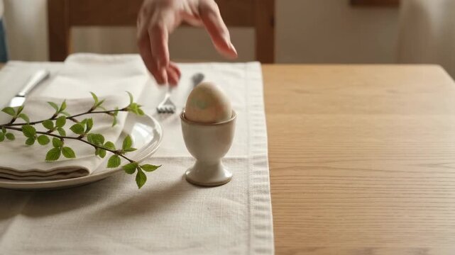 Hand Placing A Dyed Easter Egg In A Cup On A Set Dining Table