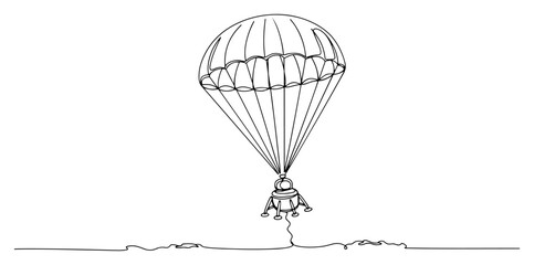 Space capsule lander descending with parachute in one line art style © OnlyVector