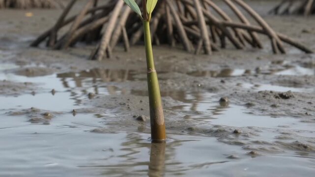 Mangrove Propagule Growing in a Mudflat at Low Tide