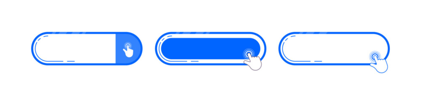 A set of three minimalist blue and white horizontal web buttons with hand cursor click indicators, perfect for modern website call to action designs and application interfaces.