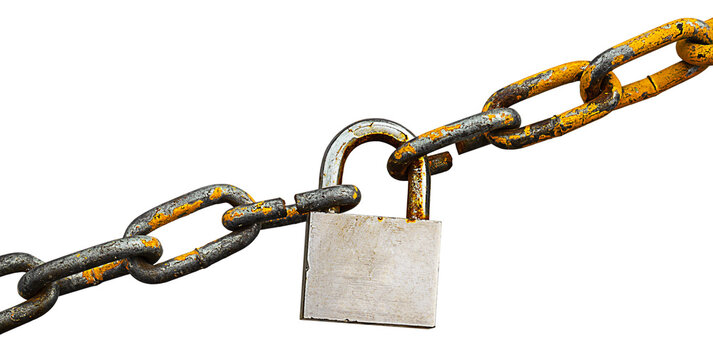 Old metal chain with peeling orange paint, connected by hanging steel padlock, isolated on white background with clipped path, empty copy space. Symbol of closed access end of free path. Artwork blank