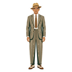 Obraz premium An illustrated figure of a man from the 1920s Indonesian jazz age wearing a patterned brown suit with stripes, a matching fedora hat, a brown tie, and spectator shoes.