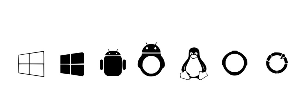 Operating system set with minimalist icons featuring Windows, Apple, Android, iOS, Linux, Ubuntu with monochrome and vector graphic