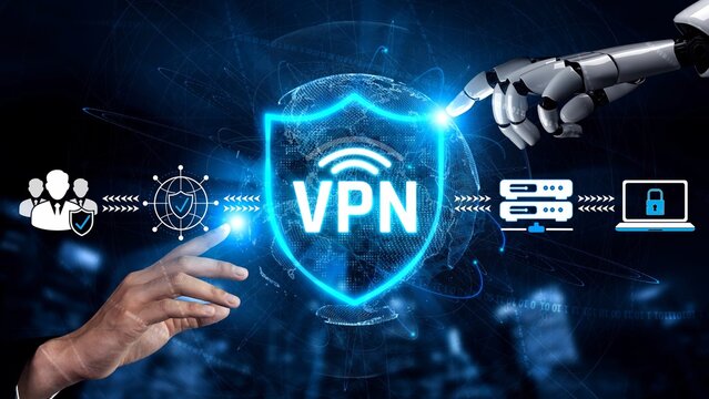 Futuristic Concept of Virtual Private Network with Robotic Hand and Cybersecurity Elements in Digital World Sigmoid