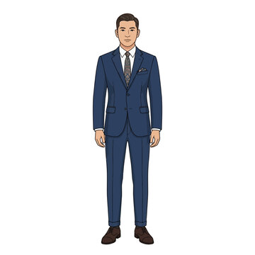 A detailed digital illustration featuring a man dressed in a sharp, tailored navy blue two-piece suit with a white dress shirt, patterned tie, pocket square, and brown leather dress shoes, capturing a