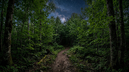 Obraz premium Forest trail under a starry night sky with dense green foliage and mystical atmosphere