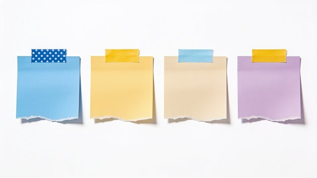 a minimalist and clean design with four square sticky notes arranged horizontally against a white background. Each note is distinct in color: the first is blue with a blue polka-dotted tape at the top