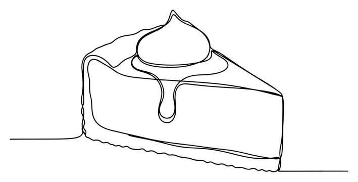 Cheesecake slice dessert with cream topping in minimalist continuous line drawing style