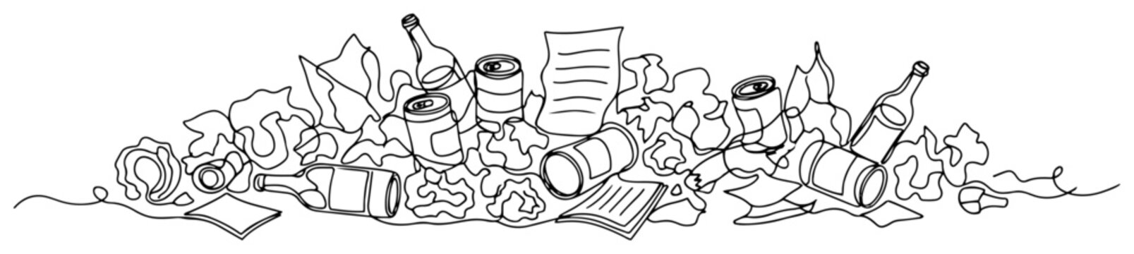 Trash pile with bottles and cans and waste in minimalist continuous line drawing style
