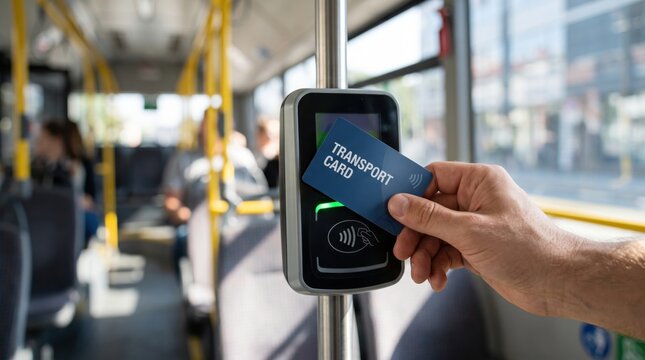 Hand holding a transport card near a contactless payment reader on a city bus, showing public transportation, contactless payment, travel and modern urban mobility