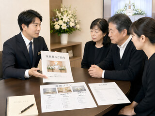 Obraz premium 葬儀社スタッフと家族葬プランを相談する遺族のイメージ