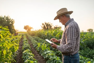Farmer using a tablet to monitor a wheat field at sunset. Modern agriculture, precision farming and digital crop management in a rural landscape. © Анна Мартьянова
