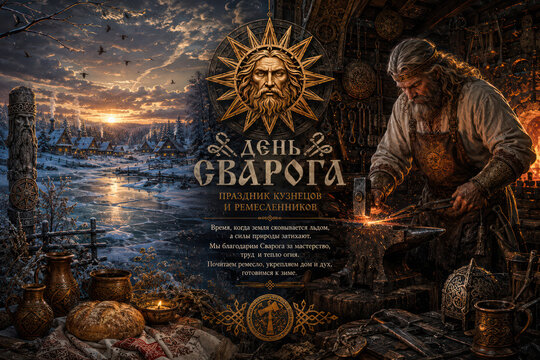Svarog Day Slavic Blacksmith Festival with Forge, Winter Village and Traditional Folk Symbolism