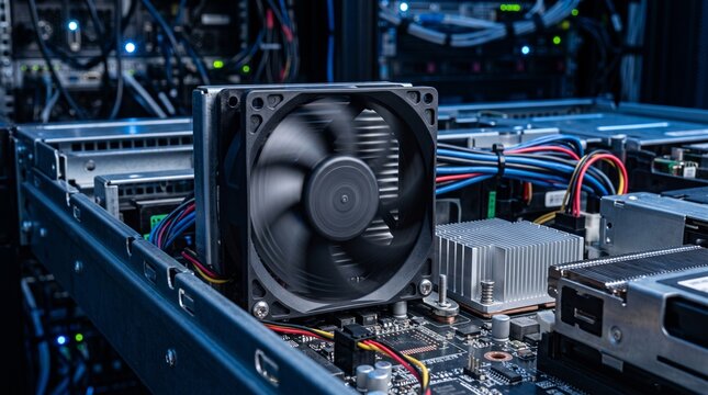 Server fan inside a computer chassis in a data center.