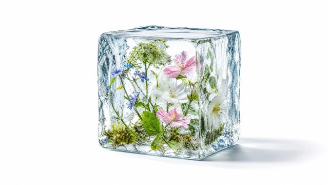 Frozen glass cube with blooming flowers and greenery inside winter botanical display