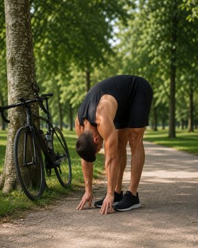 Athletic man stretching hamstrings beside a road bike in a green park after cycling. Outdoor fitness, flexibility training, recovery and healthy lifestyle concept with natural copy space.
