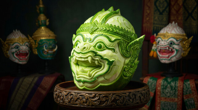Intricate Thai fruit carving masterpiece depicting a traditional Khon monkey mask on a wooden stand
