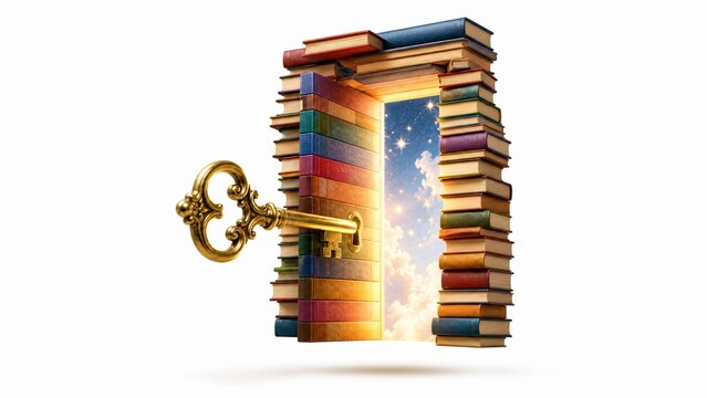 Conceptual doorway made of stacked books with a golden key opening to a bright sky.