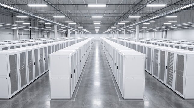 Data center features rows of white server cabinets in a large facility.