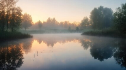 Obraz premium Misty Sunrise over a Calm River