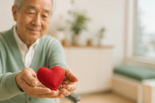 AI generated elderly volunteer offering handmade red felt heart caring hands representing compassion kindness healthcare support charitable giving