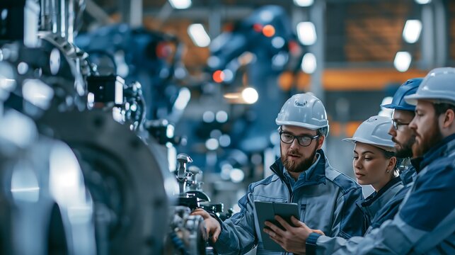 A professional engineering team uses a digital tablet for technical inspection and mechanical maintenance of high tech industrial machinery in a smart factory