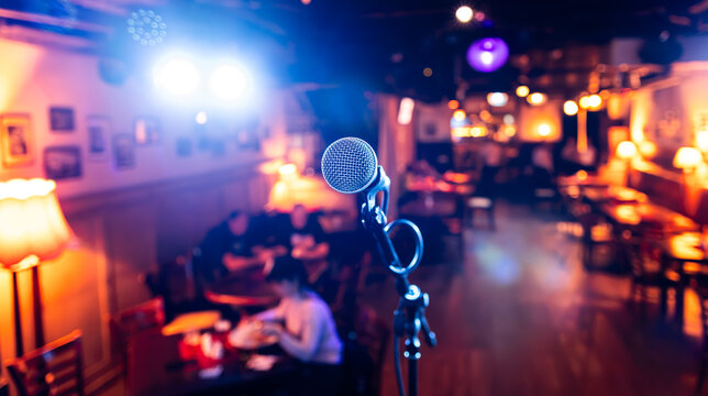Microphone on Stage in a Cozy Nightclub.