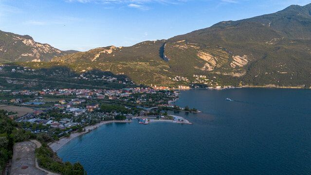 Lake Garda with mountain panorama near the town of Riva del Garda, Italy.