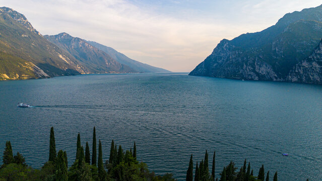 Lake Garda with mountain panorama near the town of Riva del Garda, Italy.