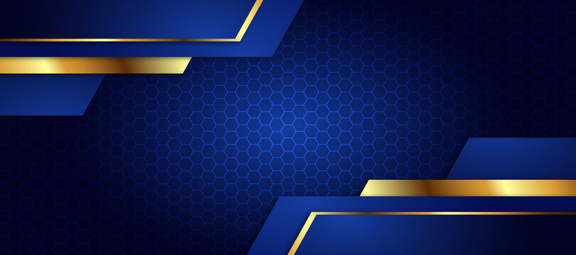 Blue and gold abstract geometric background with hexagon pattern