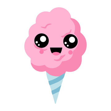 Cute Kawaii Pink Cotton Candy Vector Illustration with Smiling Face and Blue Cone
