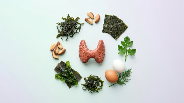 Thyroid organ with seaweed egg nut and herb ingredients supporting health wellness through iodine nutrition and balanced food choice