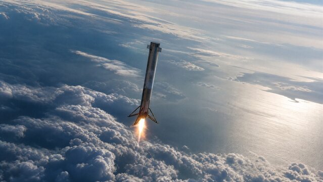 Rocket Launch in Orbit: A powerful rocket ignites its engines, ascending through the clouds and into the Earth's orbit, symbolizing technological advancement and space exploration.