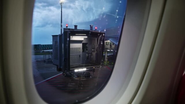 Airplane Window View of Jet Bridge on Rainy Airport Apron